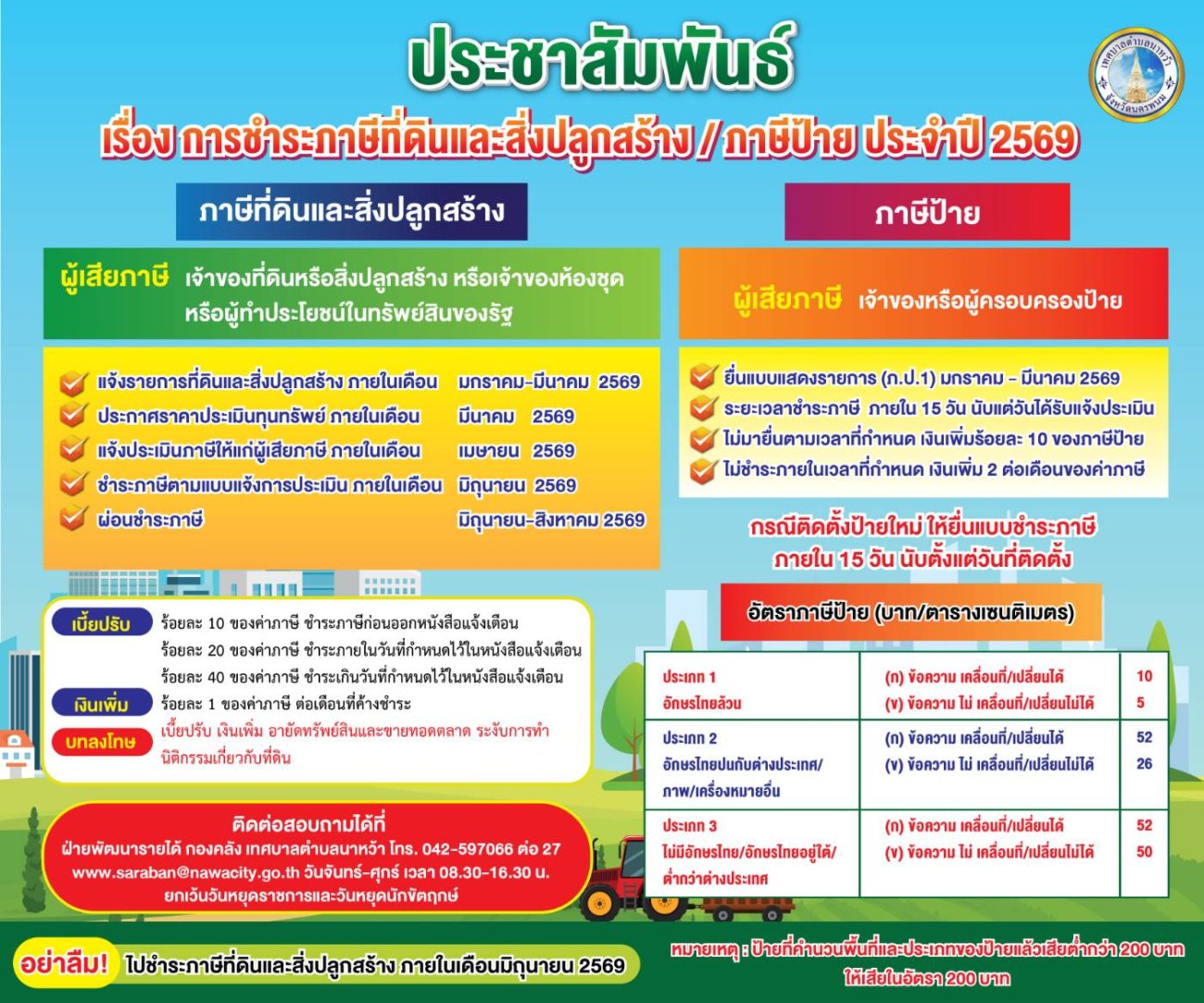 ประชาสัมพันธ์เรื่องการชำระภาษีที่ดินและสิ่งปลูกสร้าง  ภาษีป้ายประจำปี 2569