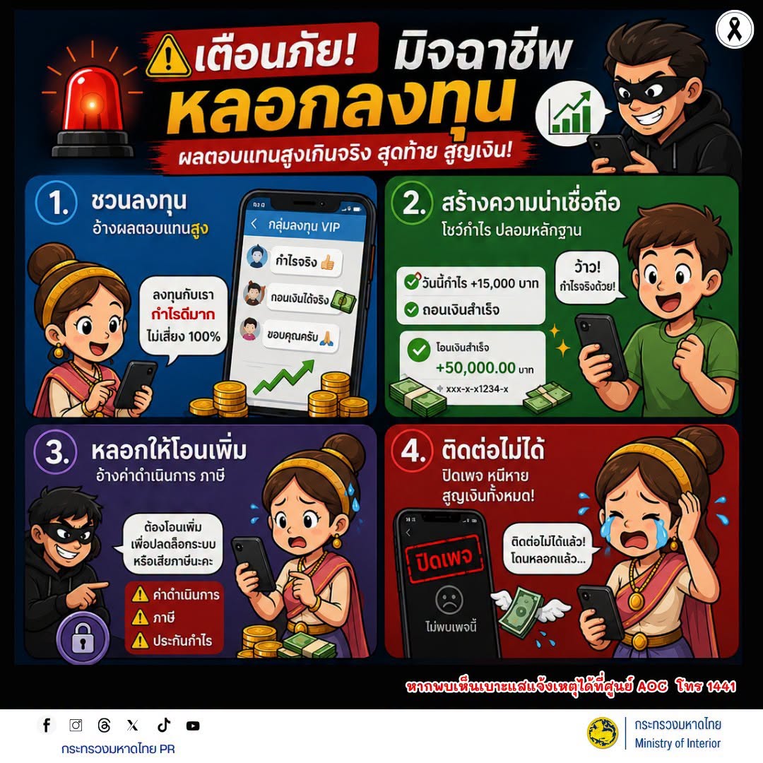 ⚠️ ระวังตกเป็นเหยื่อ! มิจฉาชีพหลอกลงทุน อ้างผลตอบแทนสูง กำไรง่าย ได้เงินไว